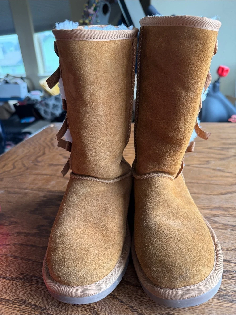 Koolaburra Kids Tan Suede Boots with White Fur Pom-Poms